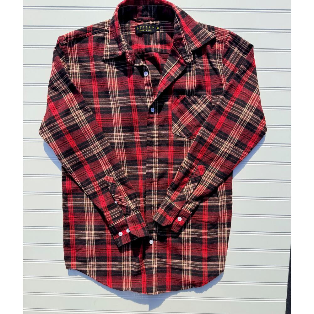 Vintage Activa Sports Inc Flannel Shirt Mens Medium Red Plaid Button Up Grunge